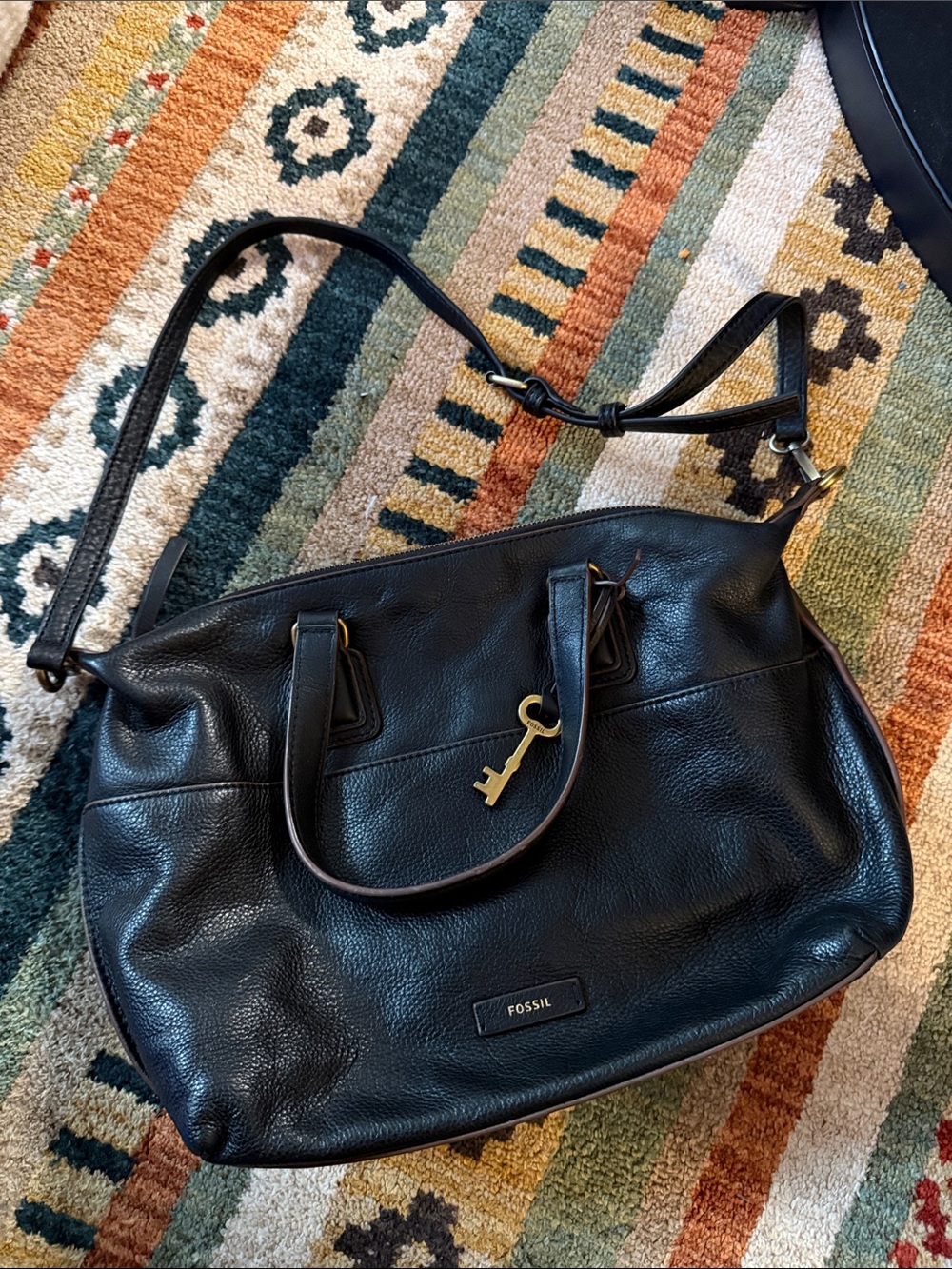 Vintage Fossil Black Pebble Leather Tote with Key Charm